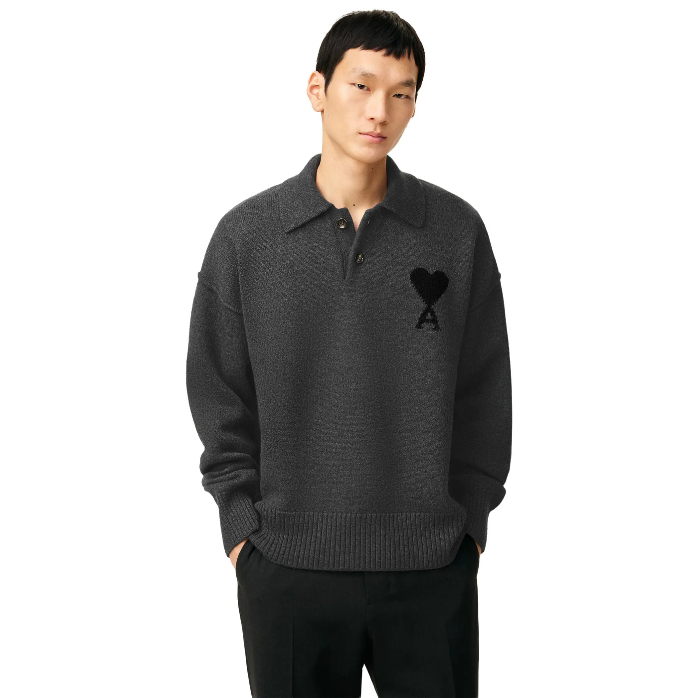 Polo Ami Paris AMI de Coeur Wool Heather Gris Noir Polo — vue 5