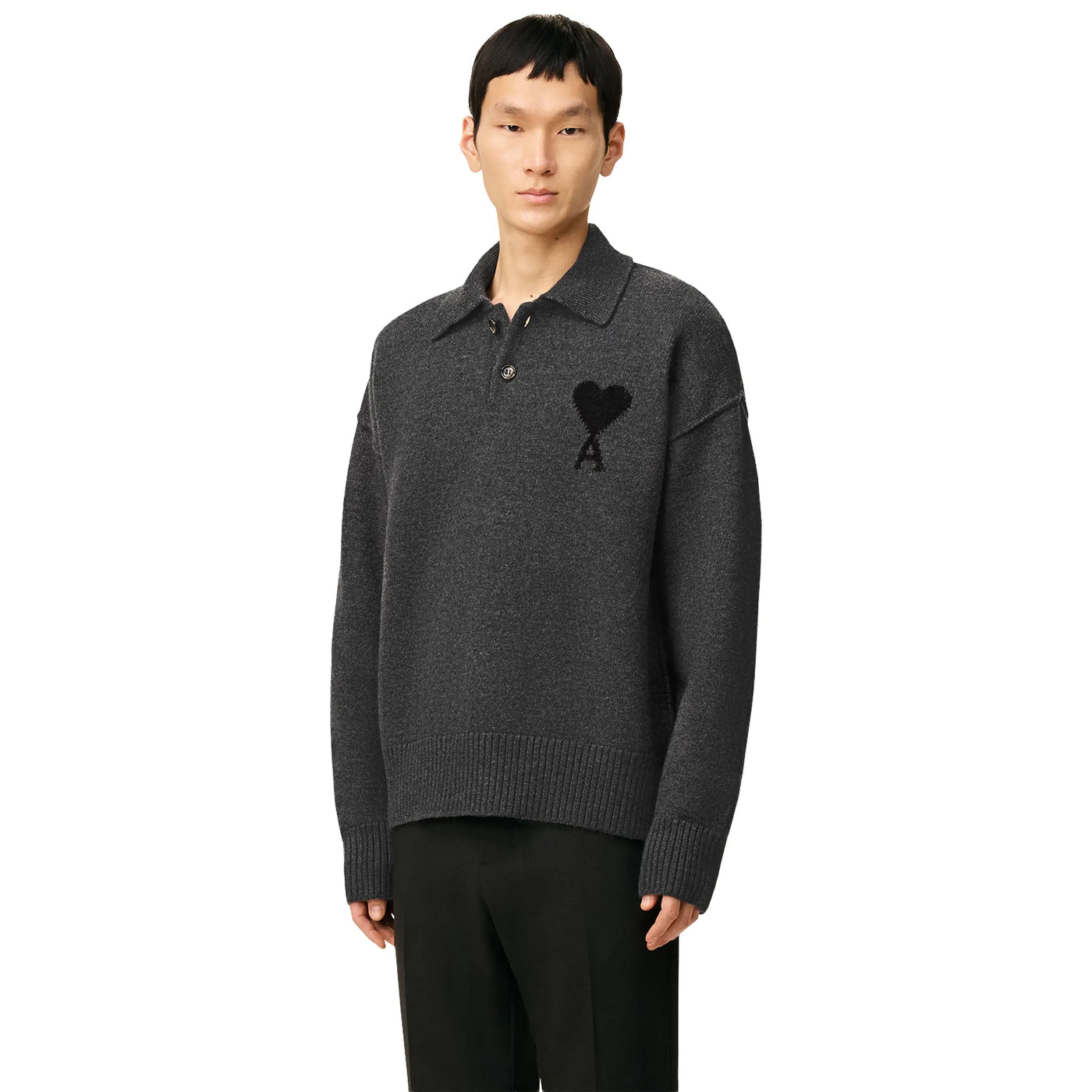 Polo Ami Paris AMI de Coeur Wool Heather Gris Noir Polo — vue 4