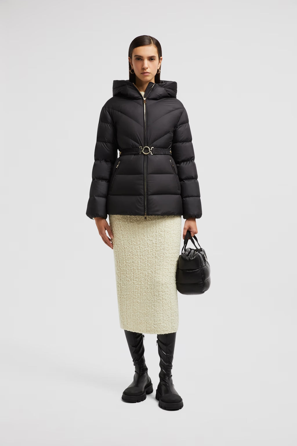 Doudoune Moncler Courte Brosse à Capuche et Matelassage Diagonal Noir