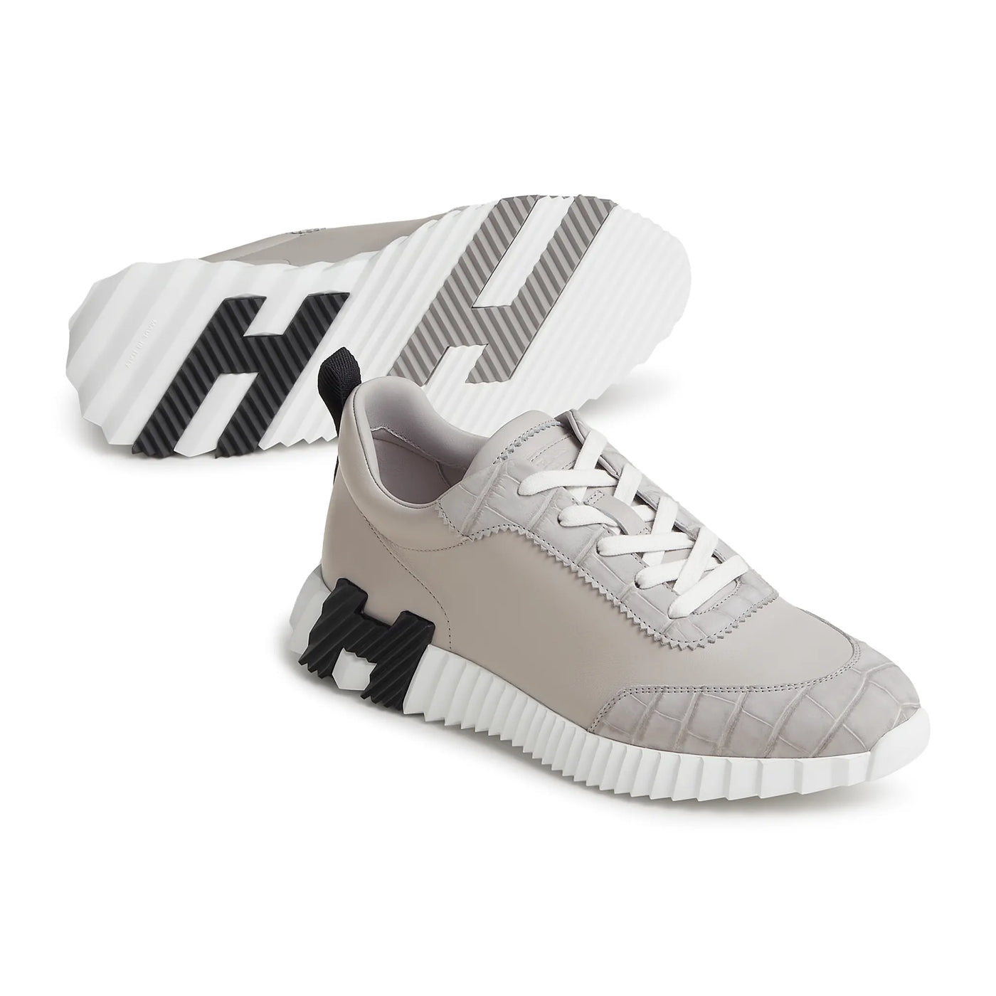 Baskets Hermès Bouncing Calf Crocodile Gris Quartz — vue 3