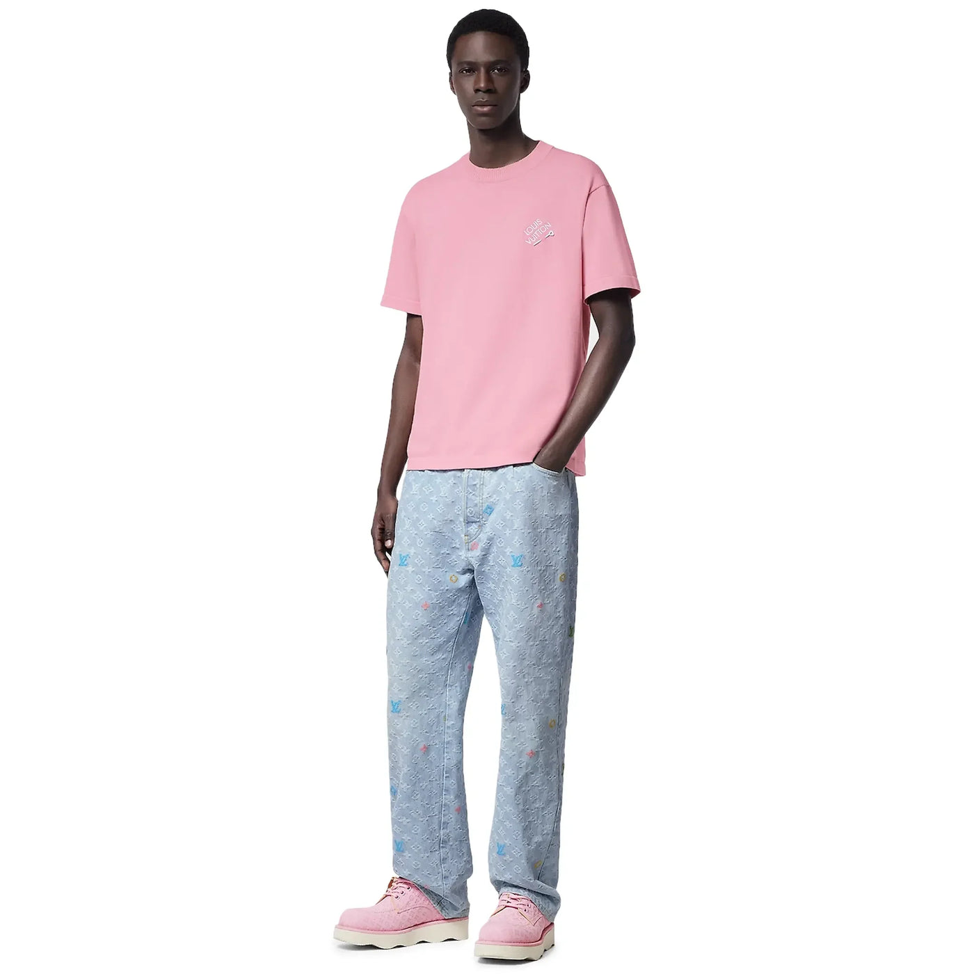 T-Shirt Louis Vuitton Embroidered Signature Crewneck Coral Blush Rose T Shirt — vue 3
