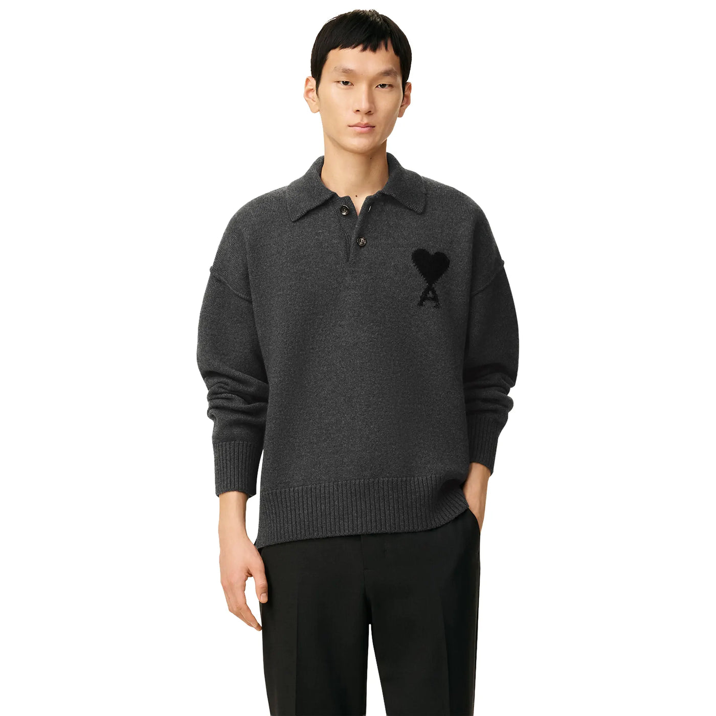 Polo Ami Paris AMI de Coeur Wool Heather Gris Noir Polo — vue 3