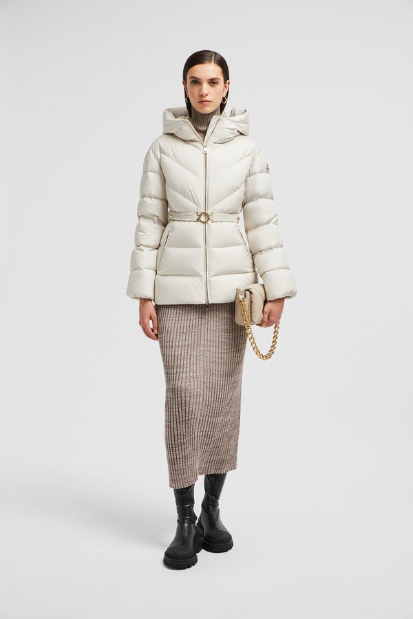 Doudoune Moncler Courte Brosse à Capuche et Matelassage Diagonal Blanc